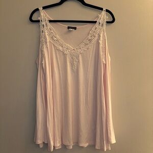 VENUS Pink Long-sleeve Shirt with White Lace V-Neck Size L